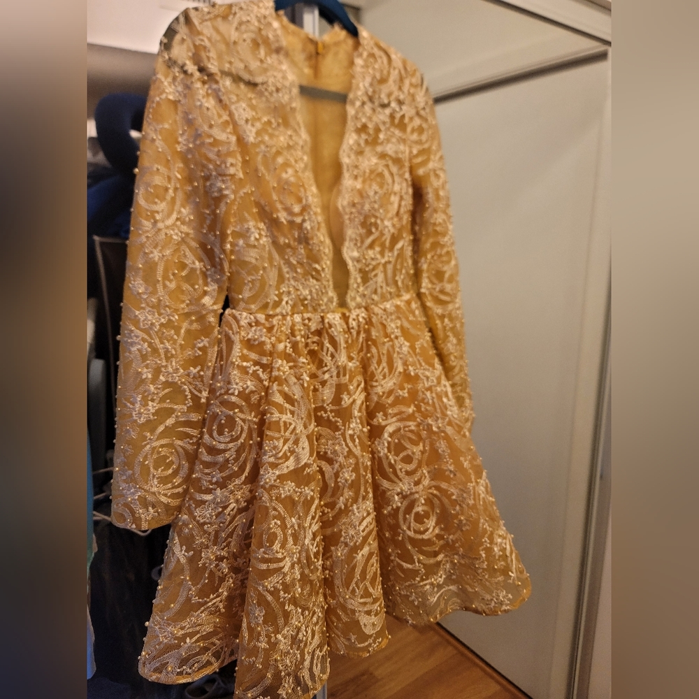 Handmade gold lace and bead formal dress